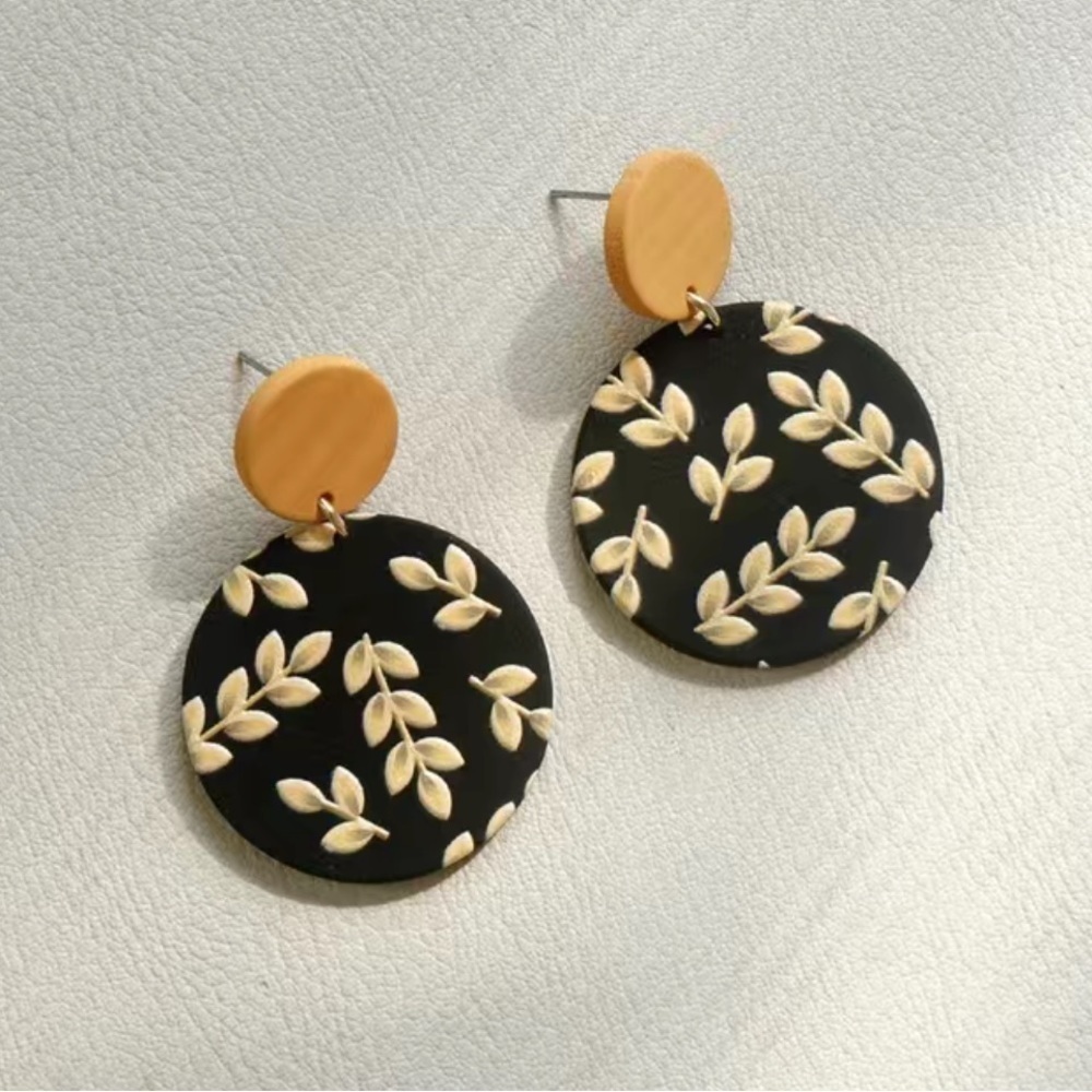 Floral Black, Tan, and White Clay Earrings